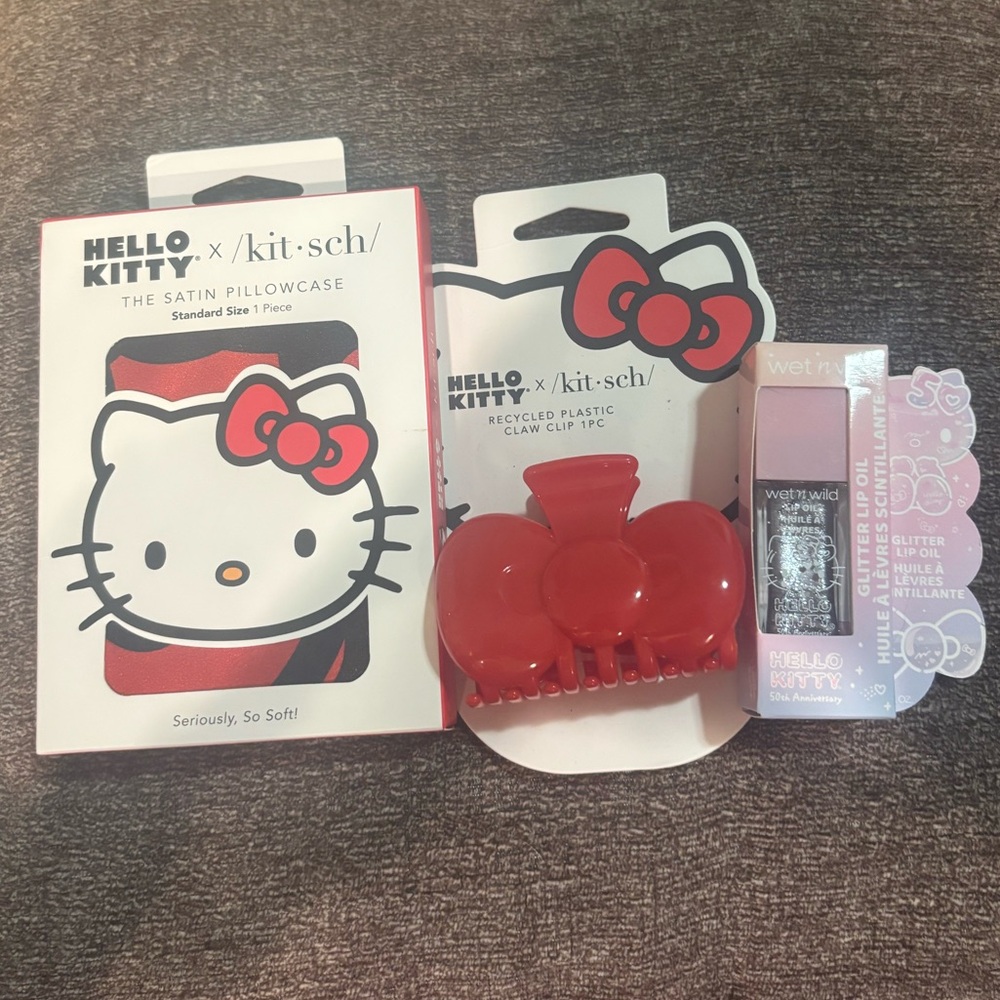 Hello Kitty x Kitsch and Wet N Wild Beauty Lot Silk Pillow Case, Hair Clip, Oil